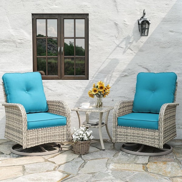 muphyers 3-Piece Wicker Swivel Outdoor Rocking Chair with Cushion Turquoise (2pc Chair & 1 Side Table)