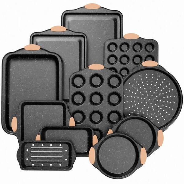 11-Piece Black and Khaki Carbon Steel Baking Sheet Pans Set with Silicone Handles, Nonstick Bakeware Sets, Easy Clean