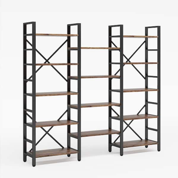 Tribesigns Earlimart 69.29 in. Vintage Brown Engineered Wood and Metal Triple Wide 5-Shelf Etagere Bookcase with 14-Storage Shelf