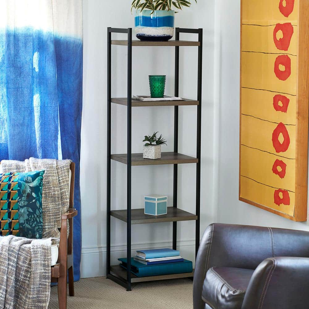 Ashwood Gray 5-Shelf Narrow Bookcase with Black Metal Frame