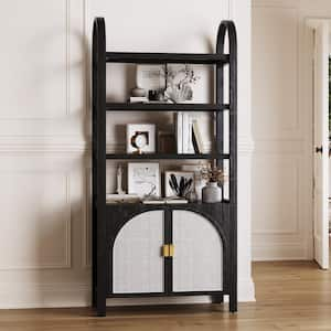 Paxton 71 in. Tall Black Oak Boho Bookshelf with Solid Wood Frame, 3-Shelf Bookcase Cabinet with Arched Rattan Door