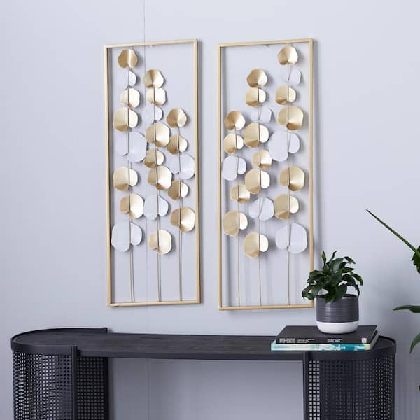 Litton Lane Metal Gold Tall Cut-Out Leaf Wall Decor with Gold Frame (Set of 2)
