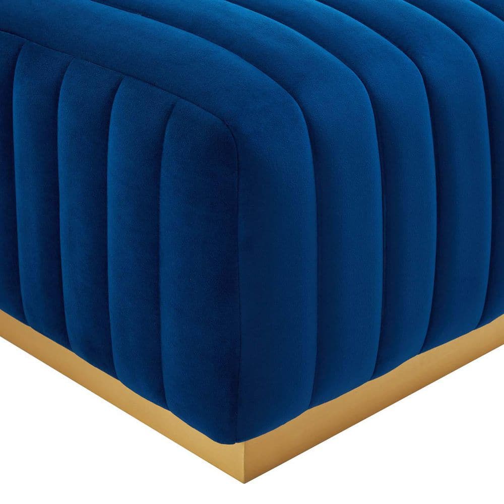Elegant Gold Navy Velvet Tufted Ottoman with Brushed Gold Base
