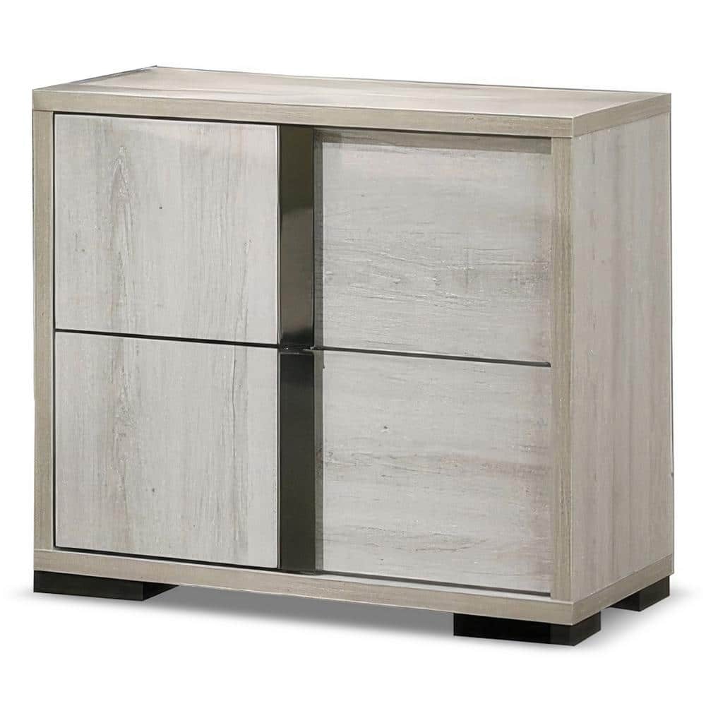 Washed White Wood 2-Drawer Nightstand with Chrome Handles
