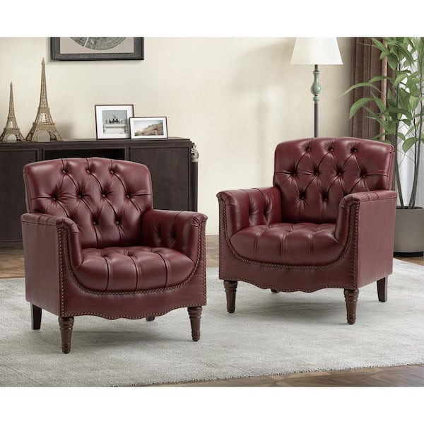 Elijah Traditional Burgundy Genuine Leather Button-tufted Armchair with Luxury Style and Solid Wood Legs (Set of 2)