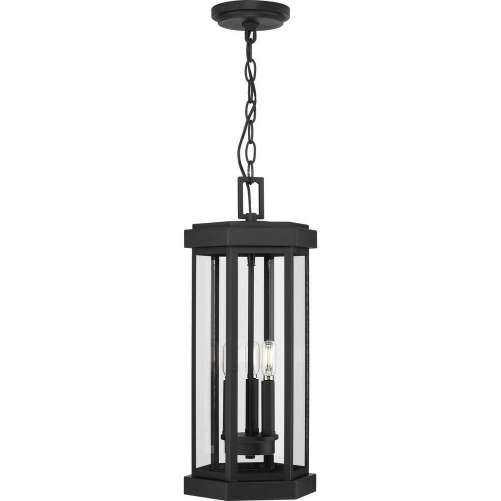 Ramsey Black Steel 3-Light Outdoor Hanging Lantern with Clear Glass Panels