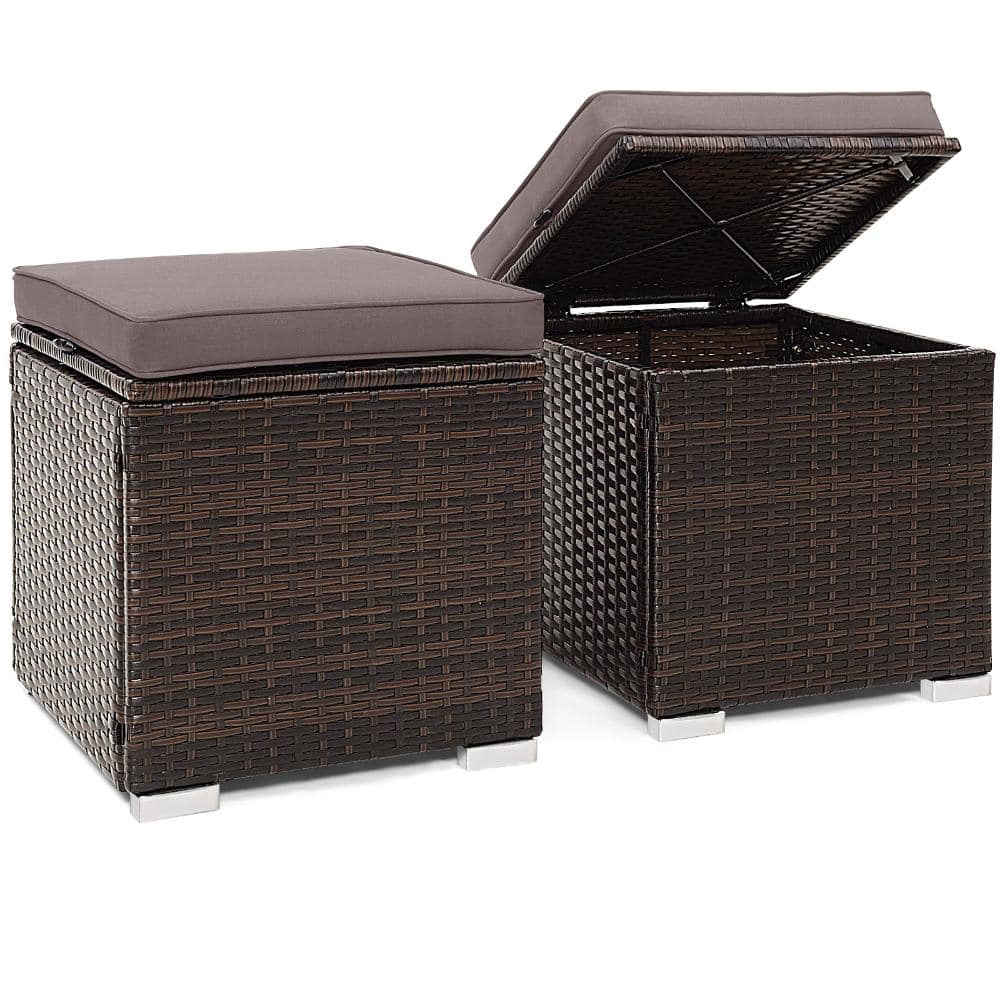 Set of 2 16 in. PE Rattan Outdoor Storage Ottomans with Cushions, Gray