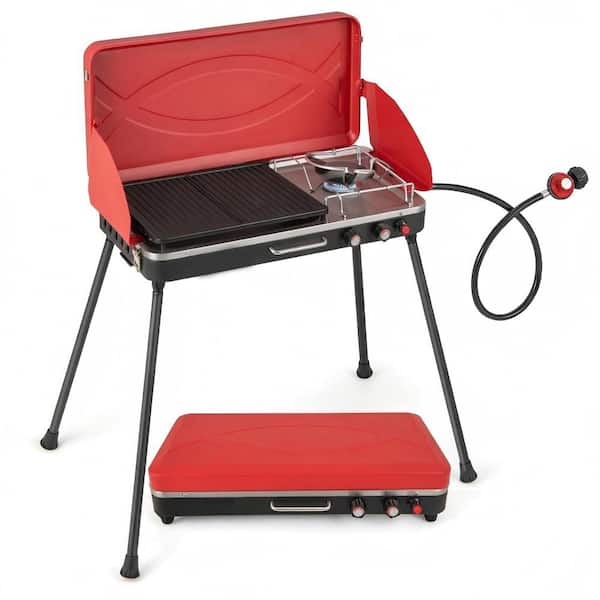 2-in-1 Portable Natural Gas Grill in Red with 4 Detachable Legs-Red