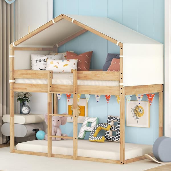 Harper & Bright Designs Natural Twin over Twin Wood House Bunk Bed with Removeable Tent