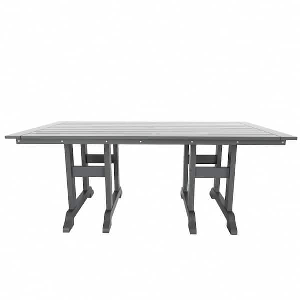 Hayes 71 in. All Weather HDPE Plastic Outdoor Dining Rectangle Trestle Table with Umbrella Hole in Gray