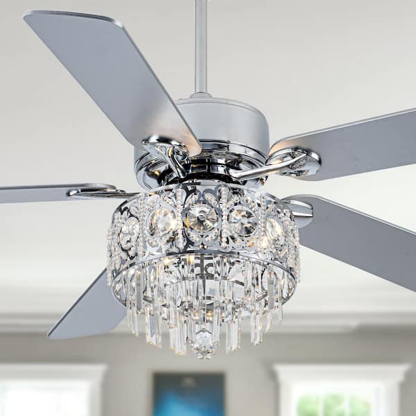 Oaks Aura Burlie 52 in. Indoor Chrome Classic Glam Crystal Ceiling Fan with Lights, Six Speed Reverisible Ceiling Fan with Remote