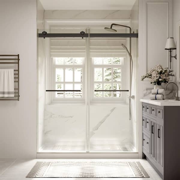 Modern 48 in. W x 74 in. H Double Sliding Frameless Shower Door in Matte Black Finish with 5/16 in. (8mm) Clear Glass