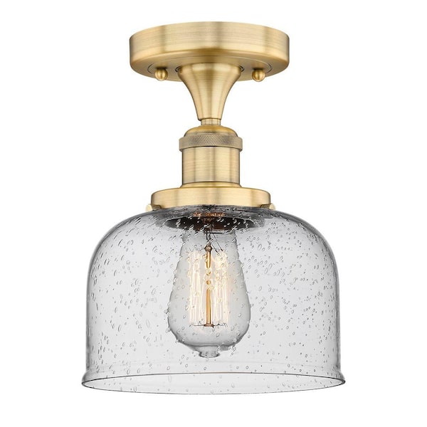 Bell 7.75 in. 1-Light Brushed Brass Art Nouveau Semi-Flush Mount with Seeded Glass Shade