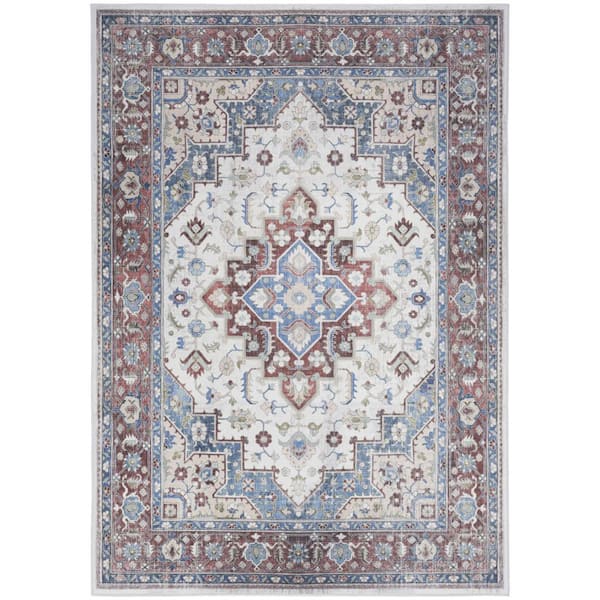 5 ft. x 7 ft. Ivory Red and Blue Medallion Distressed Non Skid Area Rug