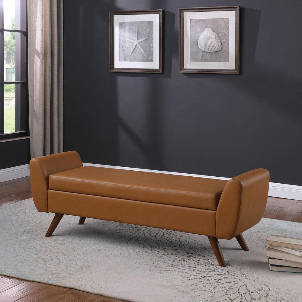 Carmel Vegan Leather Storage Bench with Walnut Wood Legs