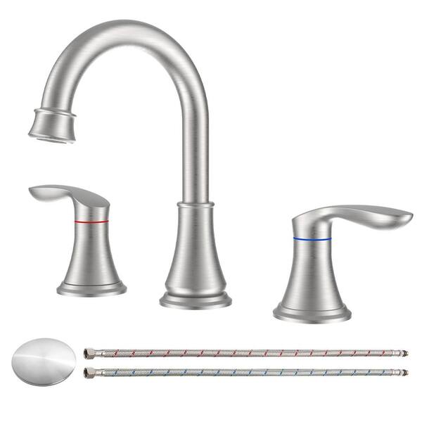 FLG 8 in. Widespread Double Handle Bathroom Faucet with Drain Kit Included 3-Holes Brass Sink Vanity Taps in Brushed Nickel