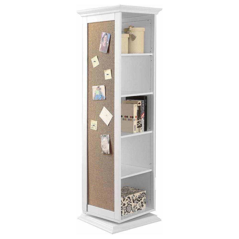 Transitional White Swivel Storage Cabinet with Cork Board and Mirror