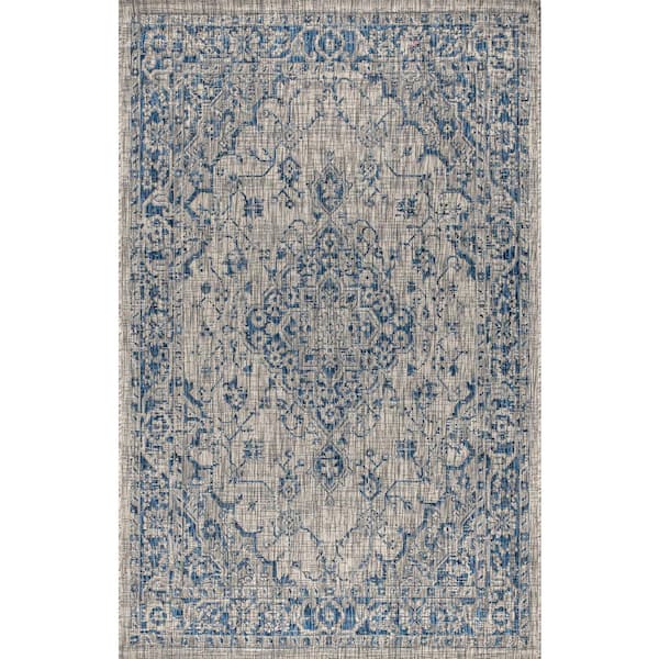 Rozetta Boho Medallion Gray/Navy 7 ft. 9 in. x 10 ft. Textured Weave Indoor/Outdoor Area Rug