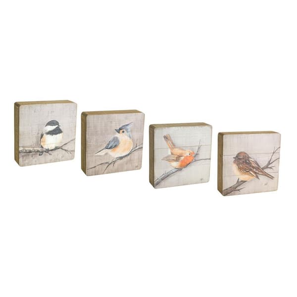 HomeRoots 2.25 in. x 8 in. Brown Solid Wood Bird Wall Art 4-Piece