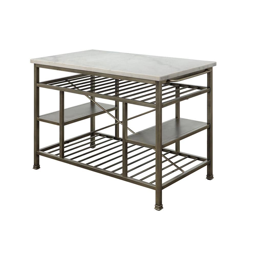 Lanzo 50" Marble and Antique Pewter Kitchen Island