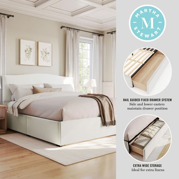 Nyla White Engineered Wood Frame King Upholstered Platform Bed w/ Curved Nailhead Headboard and Footboard Storage Drawer