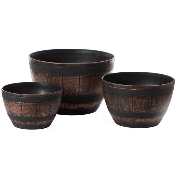 Brown Outdoor Rustic Half Barrel Flower Garden Planter Bowl, Plastic (Set  of 3)