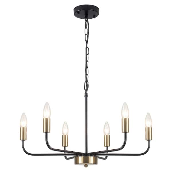 LWYTJO 6-Light Black and Brass Farmhouse Candle Linear Chandelier for Living Room with No Bulbs Included