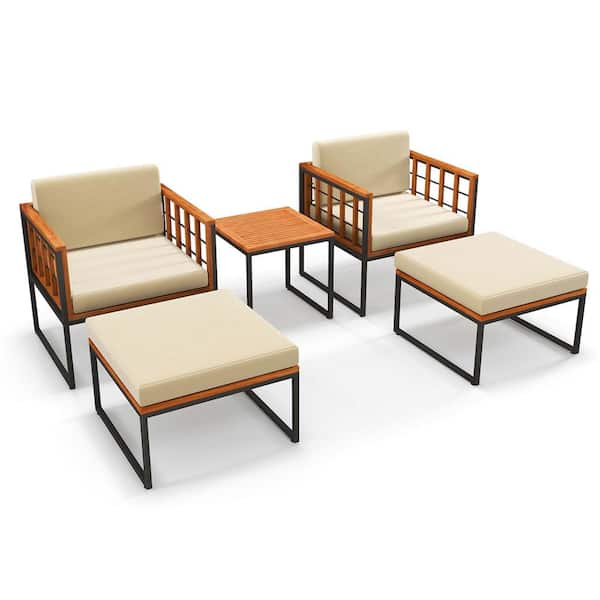 Costway 5-Piece Wood Patio Conversation Set with CushionGuard Beige