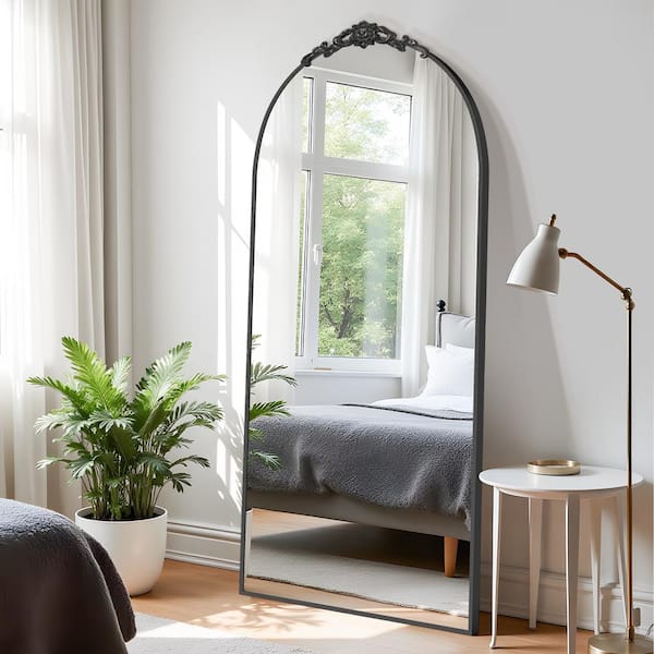Dovelina Black 31 in. W x 71 in H Removable Carved Flower Arched Aluminum Framed Full Length Mirror Floor Mirror