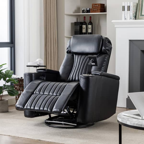 Nestfair Black PU Leather 270° Swivel Recliner with LED Light Strip and Cell Phone Holder