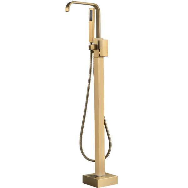 1-Handle Floor Mount Freestanding Claw Foot Tub Faucet Bathtub Filler with Hand Shower in Brushed Gold