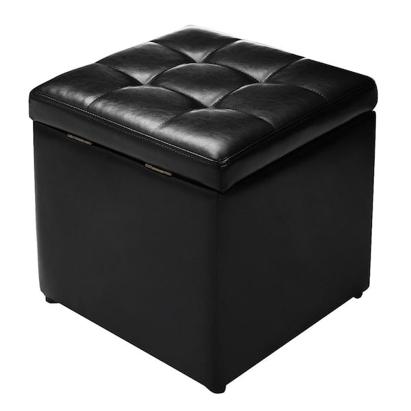 HONEY JOY 16 in. Black Cube Ottoman Storage Box Pouffe Seat Footstools with Hinge Top
