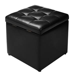 16 in. Black Cube Ottoman Storage Box Pouffe Seat Footstools with Hinge Top
