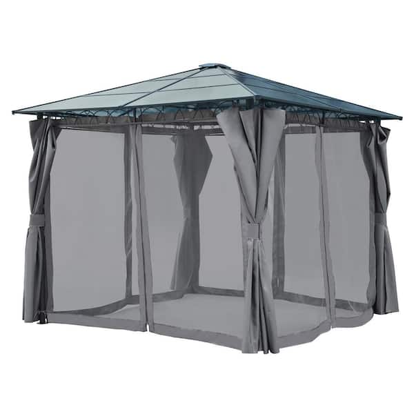 Cesicia 10 ft. x 12 ft. Outdoor Patio Gray Steel Gazebo Canopy Polycarbonate Roof Tent with Privacy Screens and Mosquito Netting