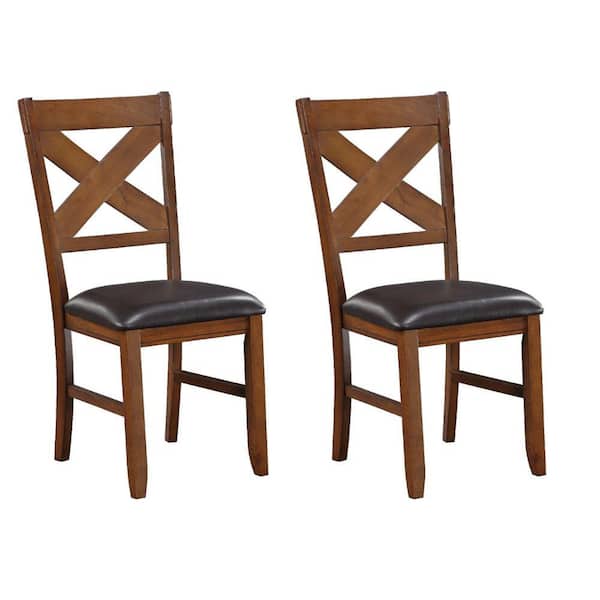 Benjara Brown Vegan Faux Leather X Backrest Dining Chair (Set of 2)