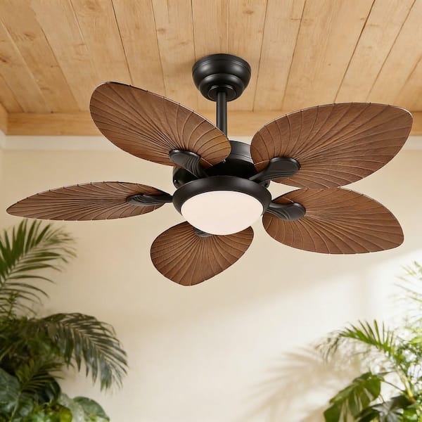 44 in.Indoor/Outdoor Light Retro 5-Palm Leaf Downrod Mount Black Ceiling Fan with Dimmable Led Light and Remote/App