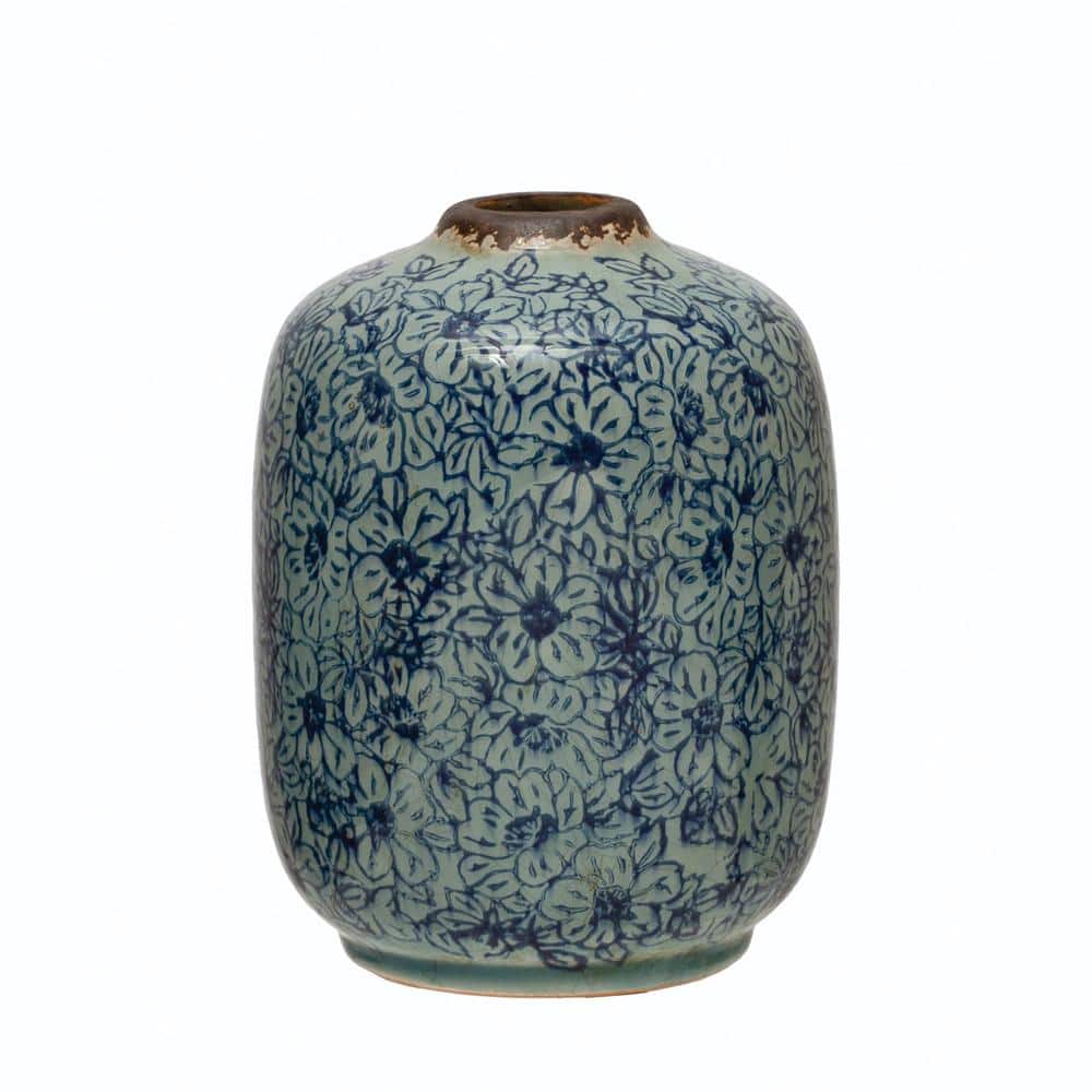 Distressed Blue Ceramic Floral Bouquet Vase 6.5" H