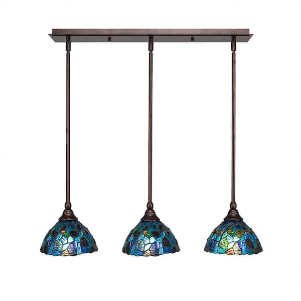 Unbranded Livingston 100-Watt 3 Light Bronze, Linear Pendant Light with 7 in. Blue Mosaic Art Glass Glass Shades No Bulbs Included