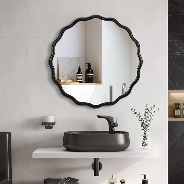 36 in. W x 36 in. H Round Framed Floating Wall Bathroom Vanity Mirror in Black Finshed Solid Wood