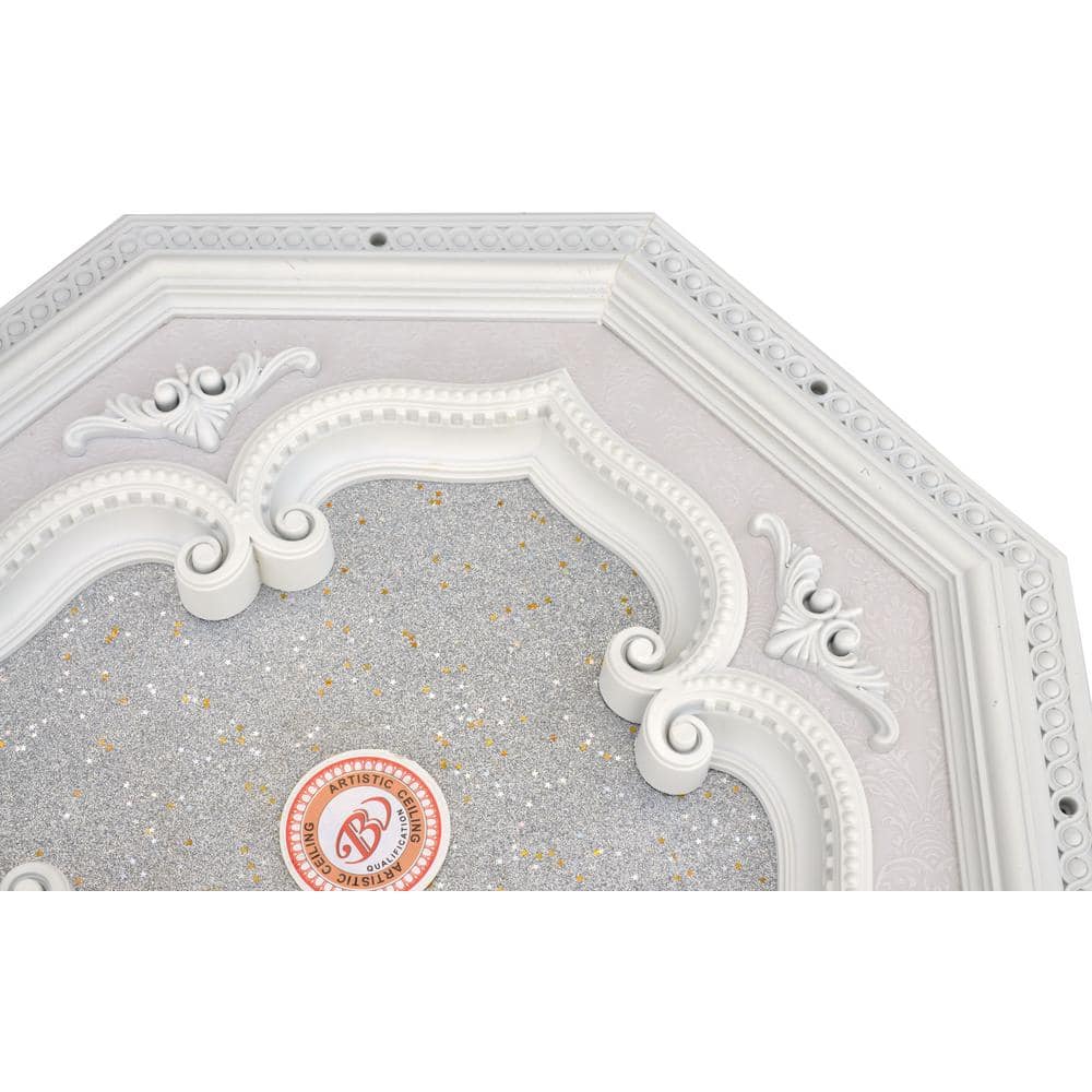 White and Silver Octagon Ceiling Medallion with Four Leaf Clover Design