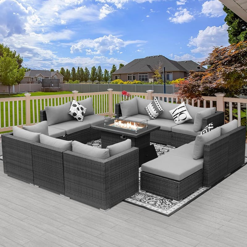 Large Gray 13-Piece 12-Seats Wicker Patio Fire Pit Sofa Set with Light Gray Cushions Ottomans and 43 in. Fire Pit Table