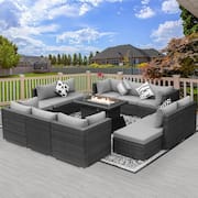 Large Gray 13-Piece 12-Seats Wicker Patio Fire Pit Sofa Set with Light Gray Cushions Ottomans and 43 in. Fire Pit Table