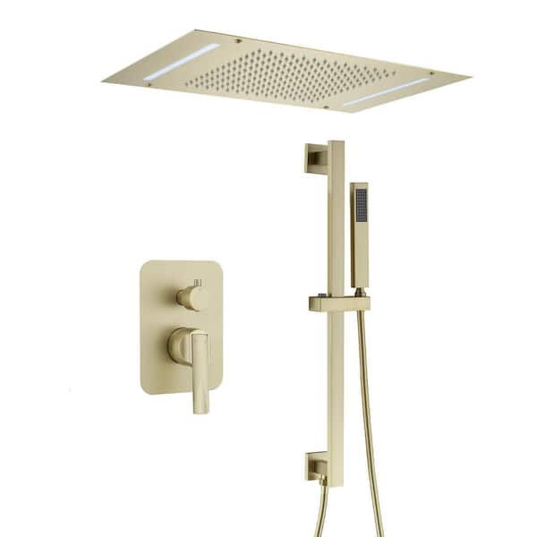 Boyel Living 3-Spray Thermostatic Dual Shower Head Ceiling Mount Fixed and Handheld Shower Head 2.5 GPM/LED and BT in Brushed Gold