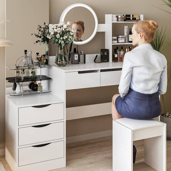 FUFU GAGA Large Makeup Vanity Set Dressing Table With Round Lighted Mirror Standing Mirror 6 Drawers and Cushioned Stool Set KF390035 01