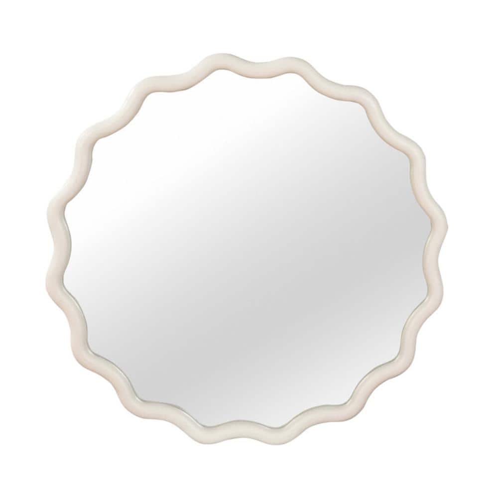 36 in. White Wavy Round Solid Wood Frame Decorative Wall Mirror for Bedroom Bathroom Living Room