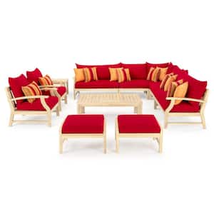 Kooper 11-Piece Wood Patio Deep Seating Conversation Set with Sunbrella Sunset Red Cushions