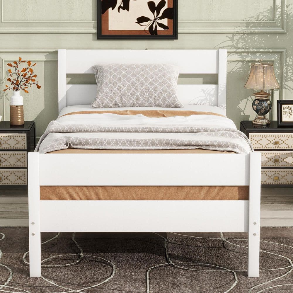 Nestfair White Wood Frame Twin Size Platform Bed with Headboard