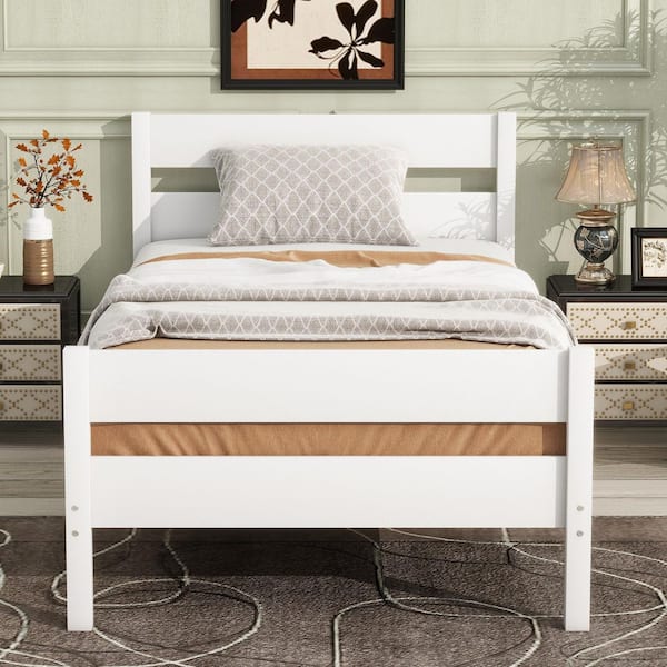 White Wood Frame Twin Size Platform Bed with Headboard and Footboard