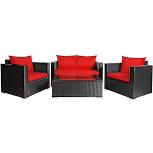 4-Piece Wicker Rattan Patio Conversation Set with Red Cushions