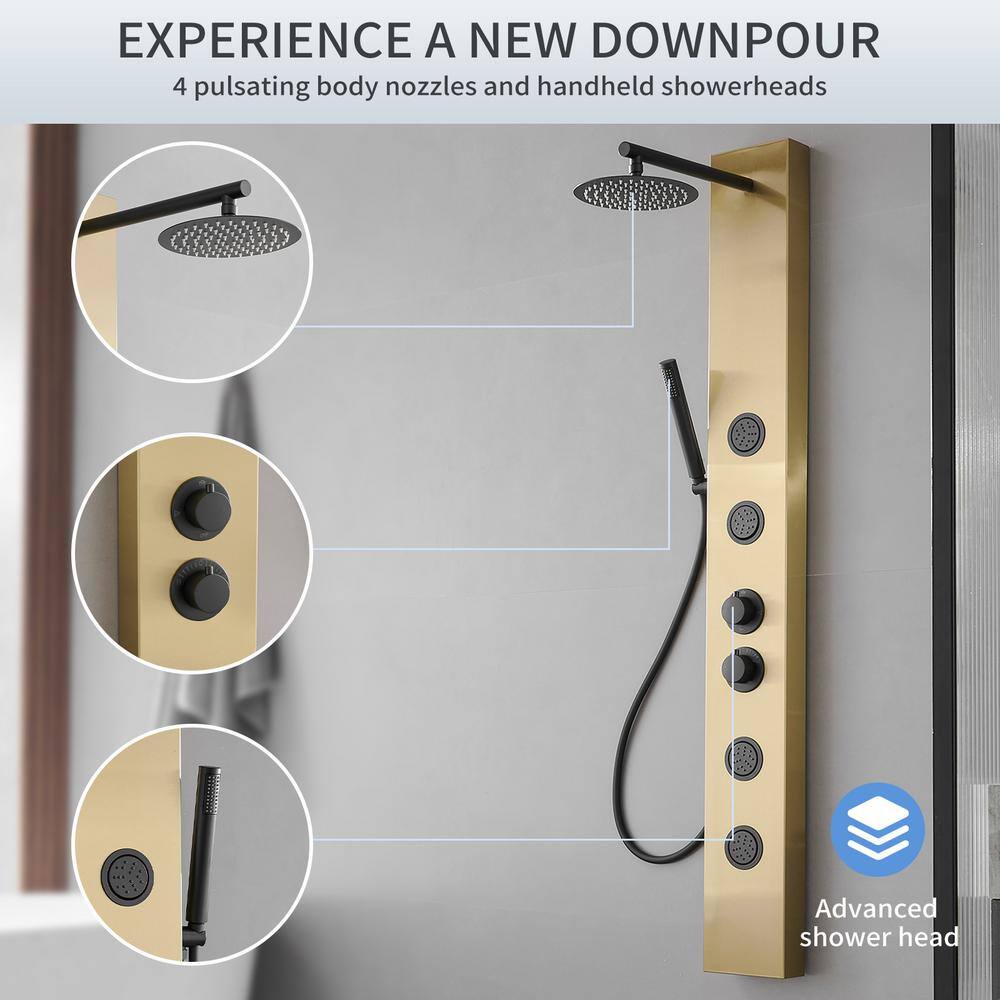 Gold and Black Stainless Steel Shower Panel System with Rainfall Showerhead